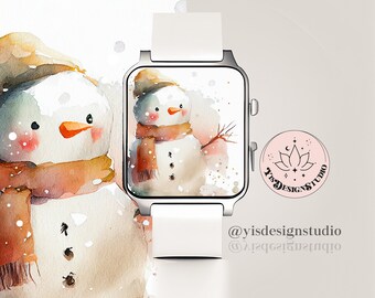 Fondo de pantalla de Apple Watch de Navidad, Fondo de reloj inteligente, Esfera del reloj digital, Fondo de pantalla de acuarela, Estética de invierno del muñeco de nieve