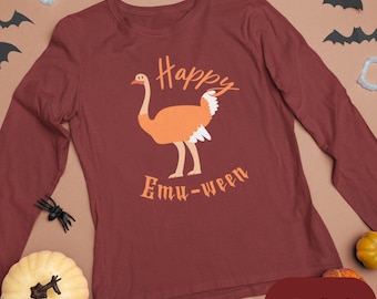 May include: A cardinal red long-sleeved top with a cartoon emu in orange and white. The text "Happy Emu-ween" is printed above and below the emu. The shirt is a Halloween-themed design.