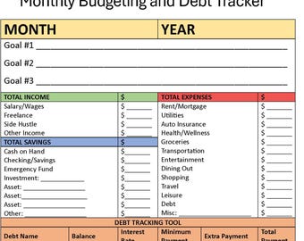 Monthly Budgeting and Debt Tracker PDF and Doc format (2 files) | Simple budgeting tool | Financial Goals | Reflect on spending habits
