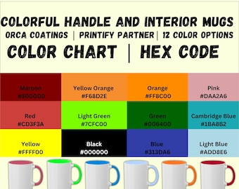 11oz mug mock-up with colorful handle color chart for print on demand product photo template including hex code, example mugs.
