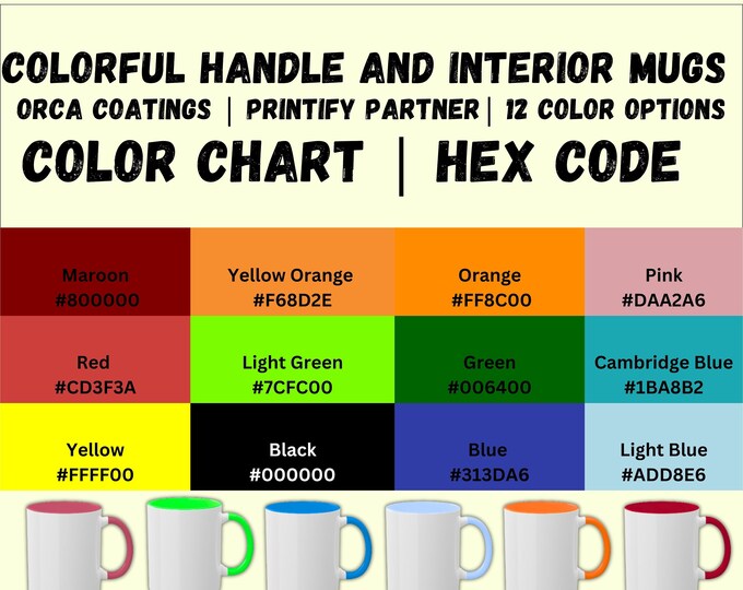 11oz mug mock-up with colorful handle color chart for print on demand product photo template including hex code, example mugs.