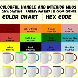 Maqueta de taza de 11 oz con una tabla de colores de asa colorida para imprimir una plantilla de fotografía de producto bajo demanda que incluye código hexadecimal y tazas de ejemplo.