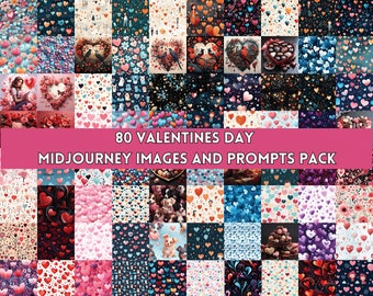 80 AI generated Valentines Day Midjourney Images and Prompts with hearts, puppies, chocolates and more | 4096px by 4096px PNG images