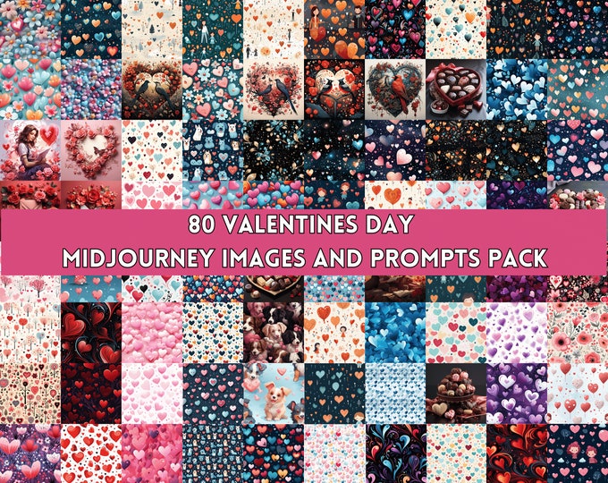 80 AI generated Valentines Day Midjourney Images and Prompts with hearts, puppies, chocolates and more | 4096px by 4096px PNG images
