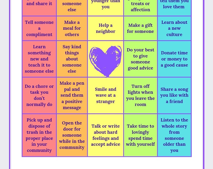 Kindness Bingo Activity Pack Learning Tool for Students, Teachers or Families to Learn and Practice Spreading Kindness Challenge