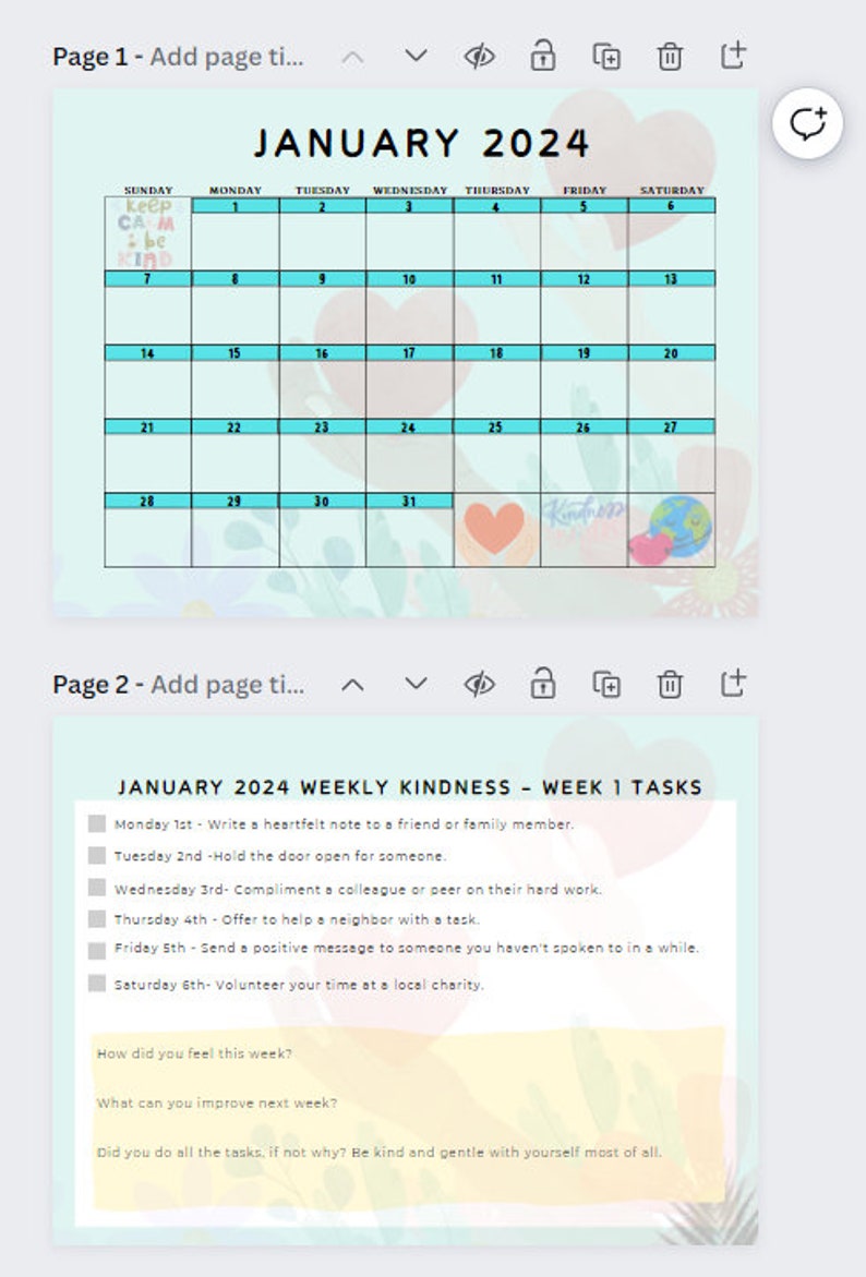 January 2024 Kindness Prompts Monthly Calendar Printable January 2024