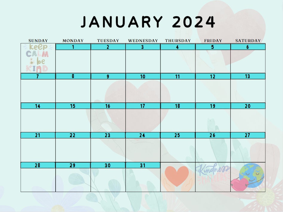 January 2024 Kindness Prompts Monthly Calendar Printable January 2024