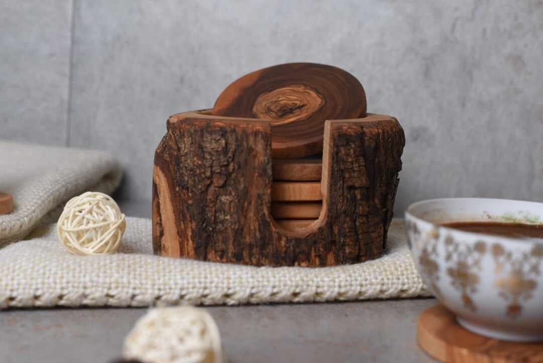 Wood Coasters for Drinks, Set of 6 Wooden Coasters With Holder