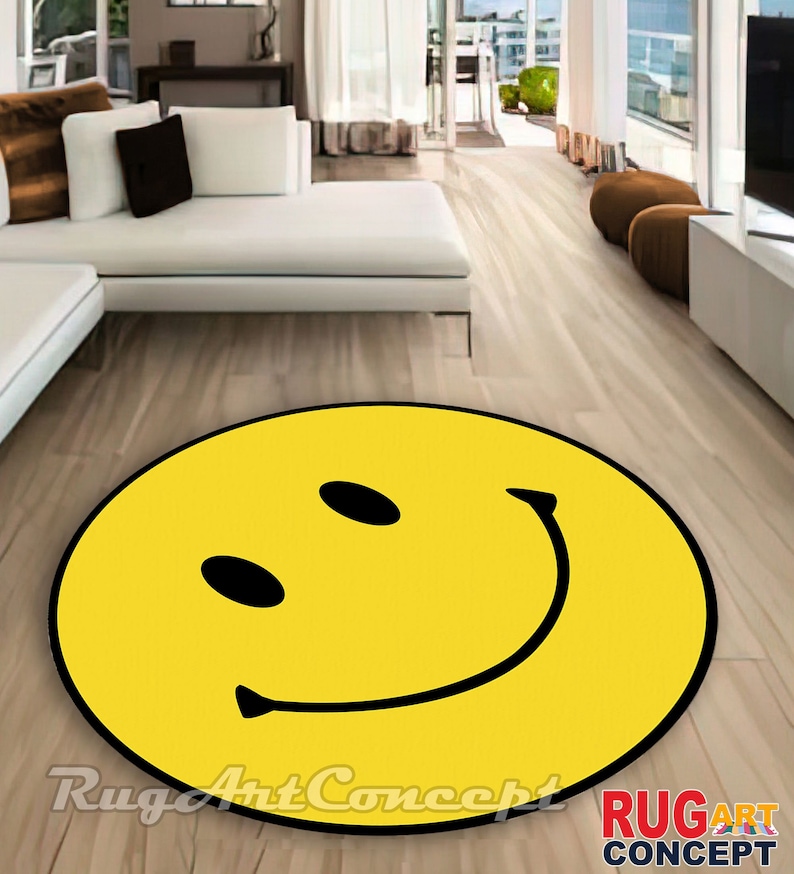 Smiley Face Themed Yellow Area Rug Emoji Rug Round Entryway - Etsy