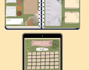 Può includere: Un planner digitale con sfondo verde e illustrazioni floreali. Il planner include sezioni per la pianificazione giornaliera, settimanale e mensile, nonché note, obiettivi e compleanni.