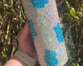 Blue Cow Print Rhinestone Tumbler