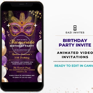 Masquerade Party Invitation | Birthday | Template Animated Video Editable Digital Evite Electronic Invite Mobile Custom Any Age Purple Gold