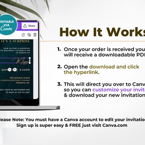 May include: A laptop screen displays a customizable invitation template for a 40th birthday celebration. The design features a dark teal background with gold accents and balloons. Text includes event details and instructions on how to edit the template via Canva.