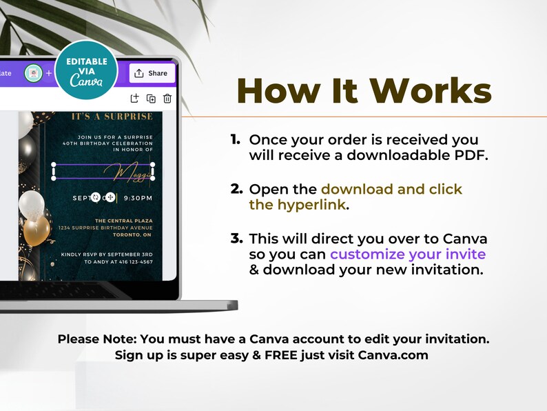 May include: A laptop screen displays a customizable invitation template for a 40th birthday celebration. The design features a dark teal background with gold accents and balloons. Text includes event details and instructions on how to edit the template via Canva.