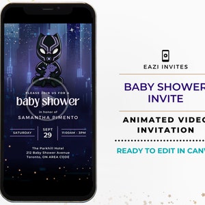 Plantilla de vídeo de invitación de baby shower de superhéroe / con música / Evite electrónico Texto digital editable Teléfono personalizado móvil / Invitación pantera