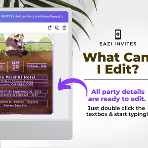 May include: A computer screen displays a customizable holiday party invitation template. The invitation features a watercolor panda illustration and event details. Text on the screen reads "What Can I Edit?" and "All party details are ready to edit."