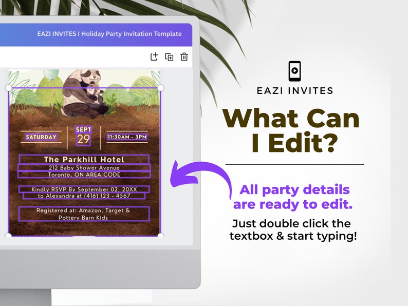 May include: A computer screen displays a customizable holiday party invitation template. The invitation features a watercolor panda illustration and event details. Text on the screen reads "What Can I Edit?" and "All party details are ready to edit."