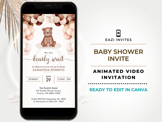 Baby Shower Invitation Video Template | with Music | Bear Brown White Beige Balloon | Electronic Evite Editable Digital Text Mobile Custom