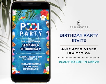 May include: A blue and white animated video invitation for a pool party. The invitation features a cartoon pool with a life preserver, palm trees, and a flamingo. The text reads "Pool Party", "Join us to celebrate Jamieson's 9th Birthday!" and "Saturday, August 12, 20XX at 12PM to 4PM". The invitation also includes the address "The Belcher Residence, 123 Ocean Avenue, Seymour's Bay, NJ".