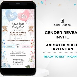 Gender Reveal Invitation Video Template | with Music | Blue Pink | Electronic Evite Editable Digital Text Mobile Custom Phone Teddy Bear