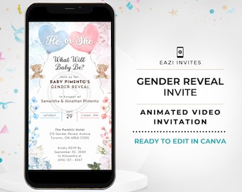 May include: A gender reveal invitation with a blue and pink heart design. The text reads "He or She What Will Baby Be?" and includes the names Samantha and Jonathan Pimento. The invitation is for a gender reveal party on September 29th at 11:30 AM to 3 PM at The Parkhill Hotel.