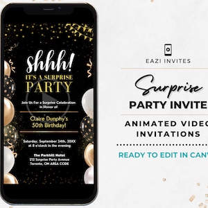 Shhh It&#39;s a Surprise Party Invitation Template I Any Occassion: Birthday Retirement Grad & etc I Video Invite Editable Digital Evite Phone