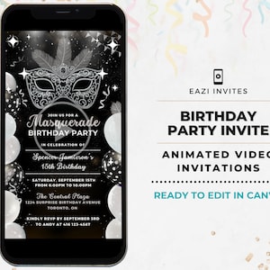 Masquerade Party Invitation Template | Black and Silver | Birthday Animated Video Editable Digital Evite Electronic Invite Mobile Custom