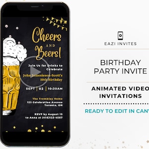 Cheers and Beers Party Invitation with music | Template Animated Video Editable Digital Evite Electronic Adult Invite For Men Mobile Custom
