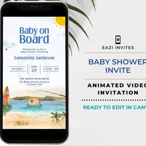 Baby on Board Invitation Video Template with music I Fishing Surf Beach Tropic I Summer Baby Shower Evite Editable Digital Text Mobile Phone