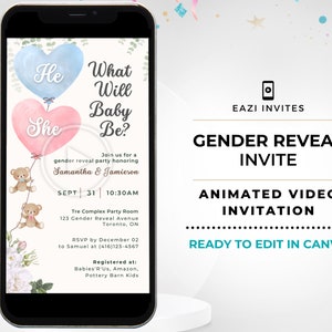 Gender Reveal Invitation Video Template | with Music | Blue Pink | Electronic Evite Editable Digital Text Mobile Custom Phone Teddy Bear