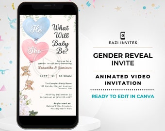 Gender Reveal Invitation Video Template | with Music | Blue Pink | Electronic Evite Editable Digital Text Mobile Custom Phone Teddy Bear