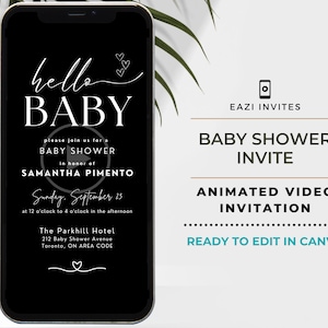 Minimalist Hello Baby Shower Invite Video Photo Black Template | with Music | Gender Neutral | Editable Digital Mobile Custom | For Boy Girl