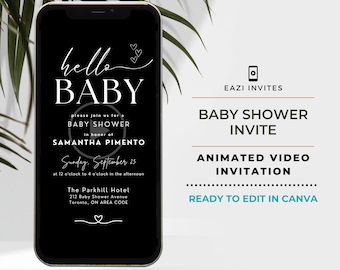 Minimalist Hello Baby Shower Invite Video Photo Black Template | with Music | Gender Neutral | Editable Digital Mobile Custom | For Boy Girl