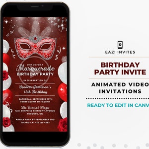 Masquerade Party Invitation Template | Birthday | Animated Video Editable Digital Evite Electronic Invite Mobile Custom Any Age Red & Silver