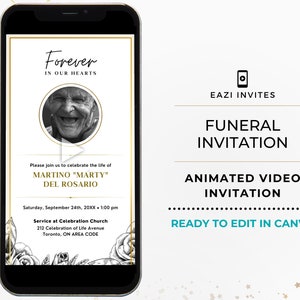 Modèle vidéo d'invitation à un service funèbre célébration de la vie avec musique I Service commémoratif, invitation numérique, téléphone électronique modifiable Evite