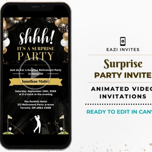 Golf Shhh It&#39;s a Surprise Party Invitation Birthday Template I Video Invite Black Gold White Editable Digital Evite Electronic Phone Adult