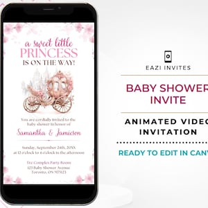 Princess Baby Shower Invite Video Little Girl Template | with Music | Pink | Evite Editable Digital Text Mobile Custom Phone | Baby Girl