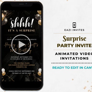 Shhh é uma festa surpresa convite modelo de aniversário vídeo convite preto ouro branco editável digital evitar convite eletrônico telefone adulto