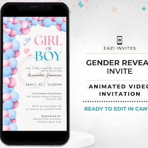 Gender Reveal Invitation Video Template | with Music | Blue Pink | Electronic Evite Editable Digital Text Mobile Custom Phone Teddy Bear