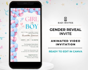 May include: A gender reveal party invitation with a blue and pink balloon arch, a clock with the words "Girl or Boy", and the text "Join us for a gender reveal party honoring Samantha Jamieson". The invitation includes the date, time, location, RSVP information, and a list of stores where gifts can be purchased.