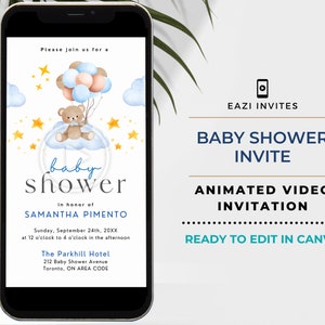 Modello video invito baby shower / con musica / Marrone Blu Beige / Evita elettronico Testo digitale modificabile Telefono cellulare personalizzato / È un ragazzo