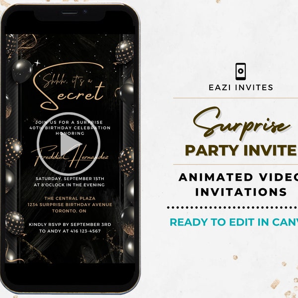 Shhh It's a Surprise Party Invitation Template I Any Occassion: Birthday Retirement Grad & etc I Video Invite Editable Digital Evite Phone