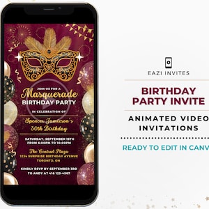Masquerade Party Invitation | Birthday | Template Animated Video Editable Digital Evite Electronic Invite Mobile Any Age Burgundy Black Gold