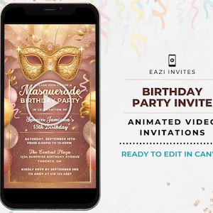 Masquerade Party Invitation | Birthday | Template Animated Video Editable Digital Evite Electronic Invite Mobile Custom Any Age