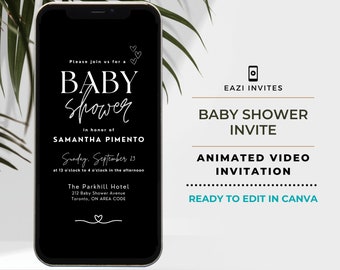 Minimalist Baby Shower Invite Video Photo Black Template | with Music | Gender Neutral | Editable Digital Text Mobile Custom | For Boy Girl