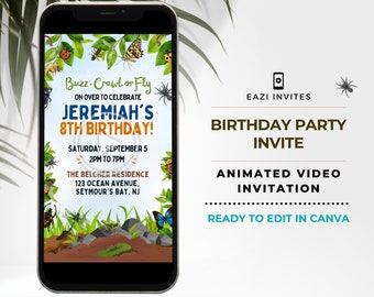 Plantilla de video de invitación de cumpleaños de insectos con música I Fiesta de insectos Insectos Caza al aire libre Texto digital editable Invitación electrónica Teléfono Niños