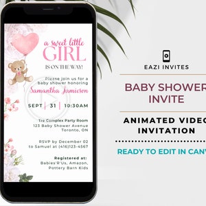 May include: A pink and white baby shower invitation with a teddy bear holding a pink heart balloon. The text reads "a sweet little GIRL IS ON THE WAY!" and includes the date, time, and location of the event. RSVP information and registry details are also included.