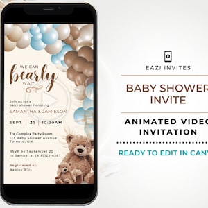 Modello video per invito baby shower / con musica / orso marrone blu beige palloncino / testo digitale modificabile elettronico Evite personalizzato su dispositivo mobile
