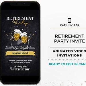 Retirement Party Video Invitation Template with Music I Cheers & Beers I Editable Digital Evite Custom Phone Invite l For Men Women Parents