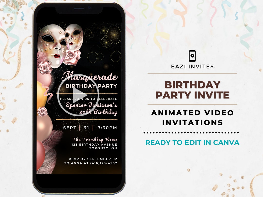 Masquerade Party Invitation Template Birthday Animated Etsy Masquerade Party Invitation Template Birthday Animated Etsy